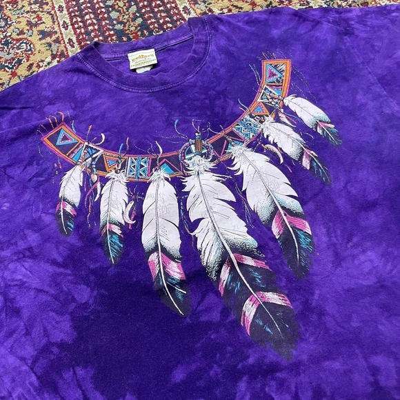 VTG 90s Ragtops‎ feather necklace royal purple tie dye tee shirt L USA pattern - Picture 2 of 5